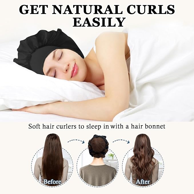 No Heat Hair Curlers Overnight Curls Headband - 70" Soft Ribbon Curl Wrap for Long Hair, 9 PCS Curling Rod Set with Bonnet - Black