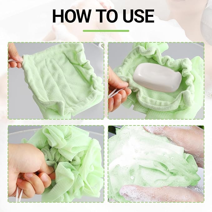 2 PCS Soap Bar Loofah, 2 in 1 Loofah Washcloth Combo, Bath Sponge with Drawstring, That Holds Bar Soap,for Cleansing and Smooth Skin (Pink, Green)