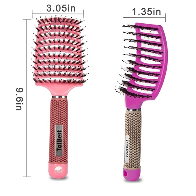 Boar Bristle Hair Brush Set - Dry/Wet Hair Brush Detangler for Fine, Thick, Curly Hair - Curved and Vented Brush for Women, Men or Kids (Rose Red & Apricot Pink)