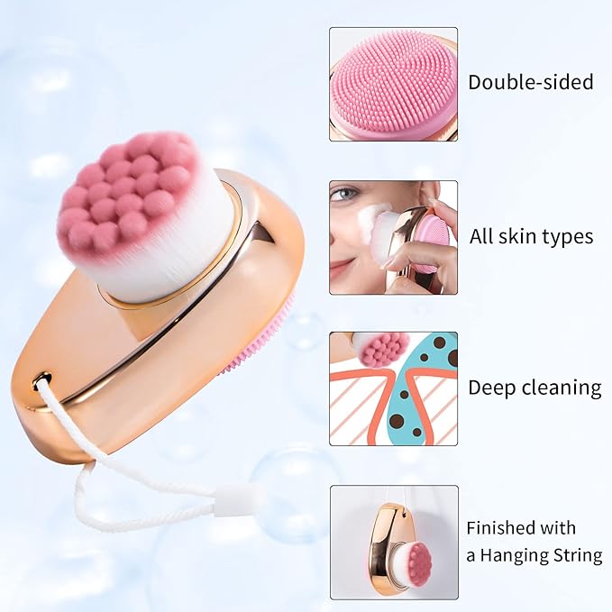 2 PCS Facial Cleansing Brush 2 in 1 for Face Exfoliation, Dual Sided Silicone Face Scrubber Soft Microfiber Face Scrub Brush for Pore Deep Cleansing & Skincare with Lid (Random Gold/Black Gold