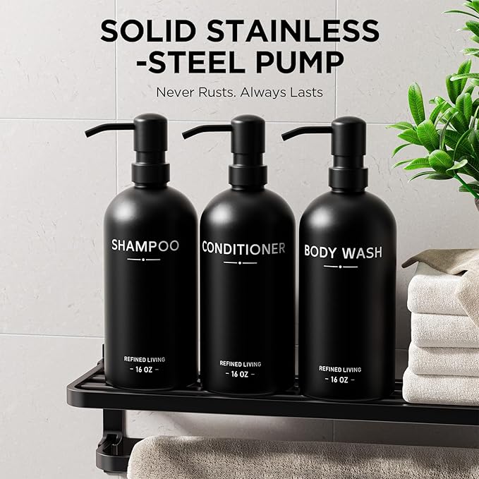 Shampoo and Conditioner Dispenser Set,3 Refillable 16oz Bottles with Stainless Steel Pumps – Shower Soap Dispensers for Bathroom, Hotel or Airbnb (Black, 3-Pack)