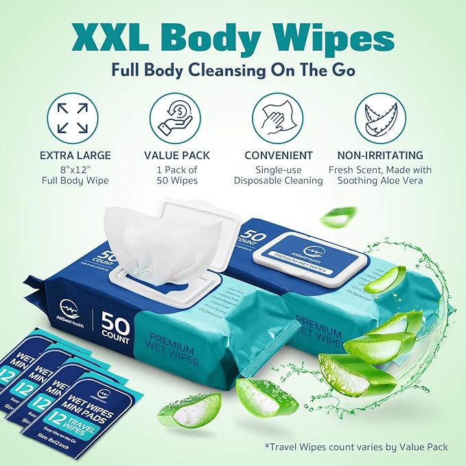 Body Wipes for Adults - XL Wet Wipes 8" x 12" (600 count) | Rinse Free Bathing - Wash Cloths for incontinence, Disposable Washcloths with Aloe Vera and Vitamin E - Camping, Elderly, Bathing