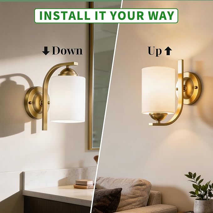Wall Sconces Lights Lamp for Bedroom Bathroom, Modern Vanity Light Fixtures, Gold Farmhouse Wall Mount Lighting Lanterns with Glass Shade for Living Room Mirror Hallway Kitchen