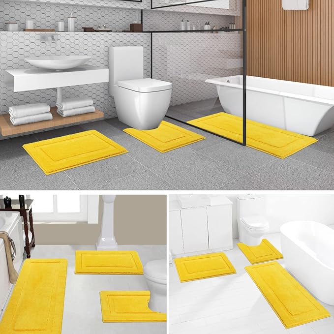 SHACOS Yellow Fall Bathroom Rugs Sets 3 Piece, 20"x32" + 20"x47" Non Slip Bath Mat and 20"x24" Toilet Rugs U Shaped Washable, Soft Fluffy Water Absorbent Bathroom Floor Mat