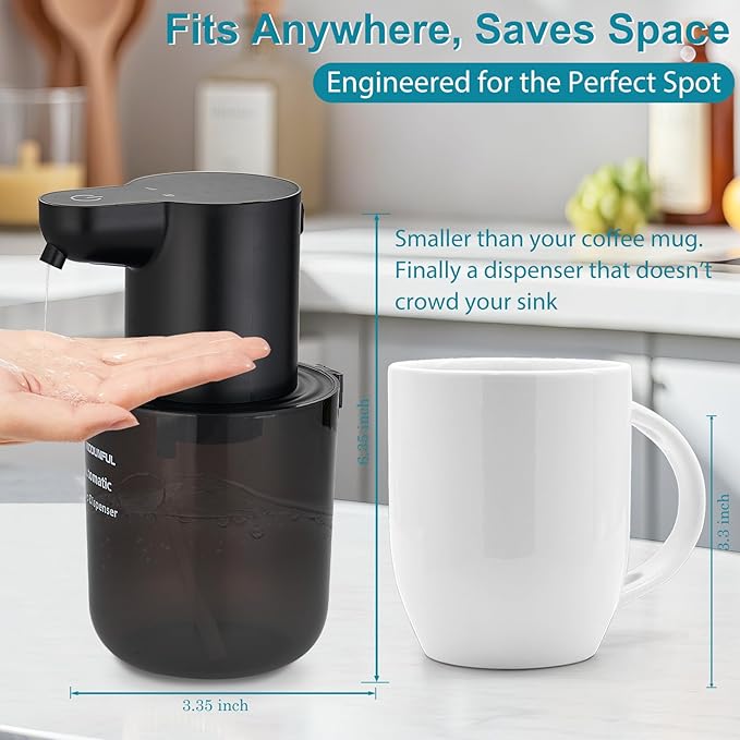 Automatic Soap Dispenser for Kitchen Sink - Wall-Mount & Countertop: 4-Level Adjustable, 13.5oz Clear Plastic IPX5 Rechargeable, Suitable for Kitchen Sink & Bathroom (Black)