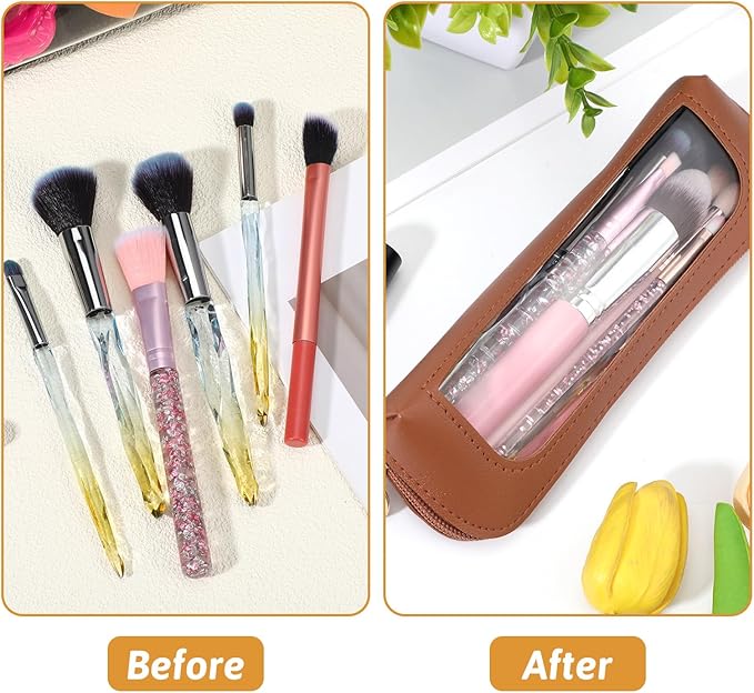 2Pcs Clear Makeup Brush Bag, Leather Slim Makeup Case, Portable Transparent Waterproof Cosmetic Pouch with Zipper, Double Sided Clear Bag for Women Travel Storage (White, Brown)