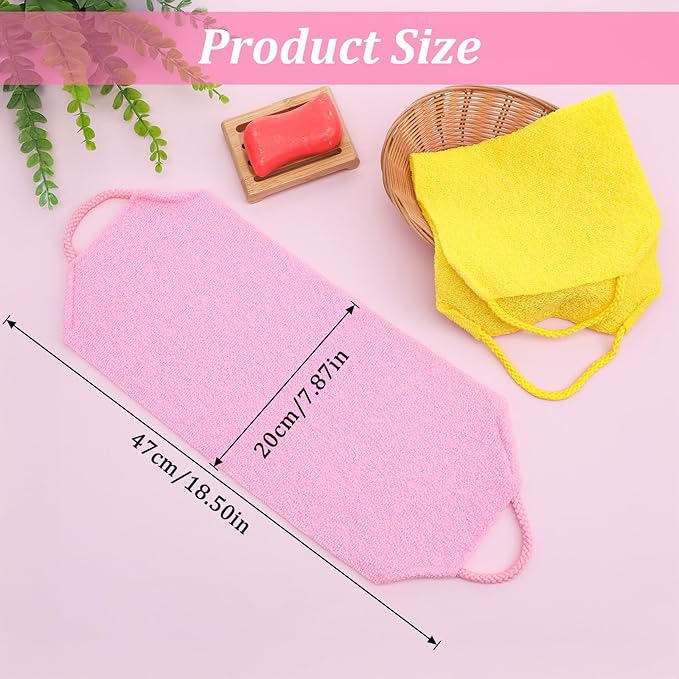 2Pcs Exfoliating Back Scrubber with Handles Nylon Double-Sided Body Scrubber Towel Back Exfoliator Extended Length Washers Scrubbers Stretchable Pull Strap Exfoliating Washcloth (Pink Beige)