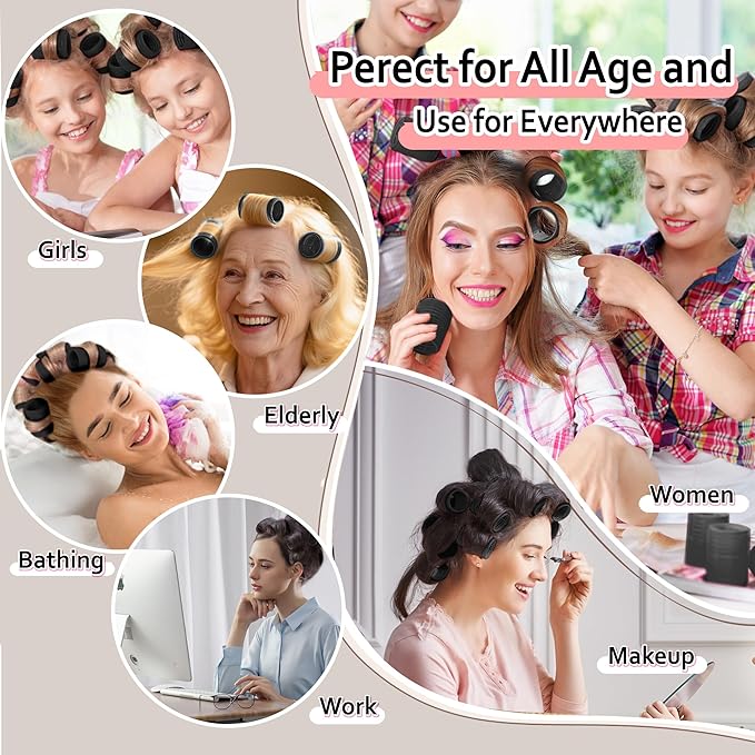 4 Sizes Self-Grip Hair Rollers Set with Clips - 4 Sizes for Long, Short Hair & Bangs (25mm, 36mm, 48mm, 60mm), (BLACK, 4 Sizes)