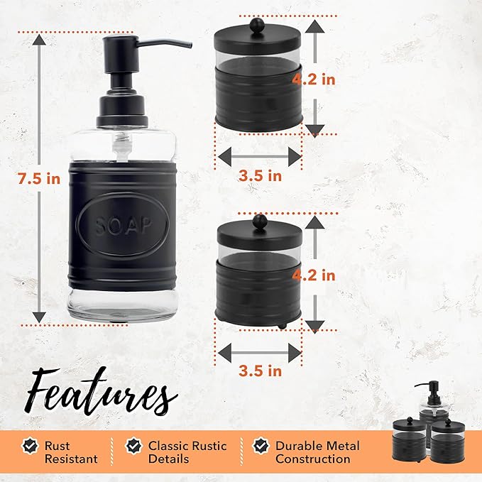 Autumn Alley Adorable 3 Piece Modern Farmhouse Bathroom Accessory Set for Sink/Vanity - Matte Black Soap Dispenser, Cotton Ball Container with Lid, Qtip Organizer – Rustic Farmhouse Bathroom Decor