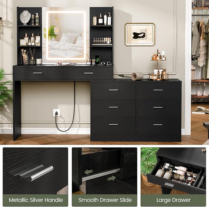 Quimoo Vanity Desk with LED Lighted Mirror & Power Outlet, Modern Corner Makeup Vanity Table with 8 Drawers & Open Shelves, Dressing Table for Bedroom, Makeup Room, Black