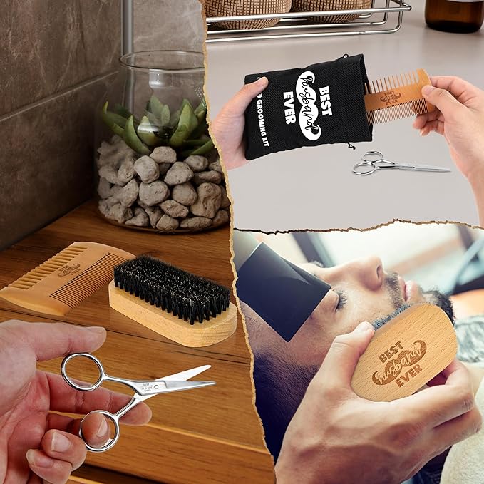 Husband Gifts for Him - Beard Kit for Men Grooming and Care with Brush, Comb, Scissors & Storage Bag - Husband Birthday Gift Ideas, Anniversary Retirement Birthday Gifts for Men