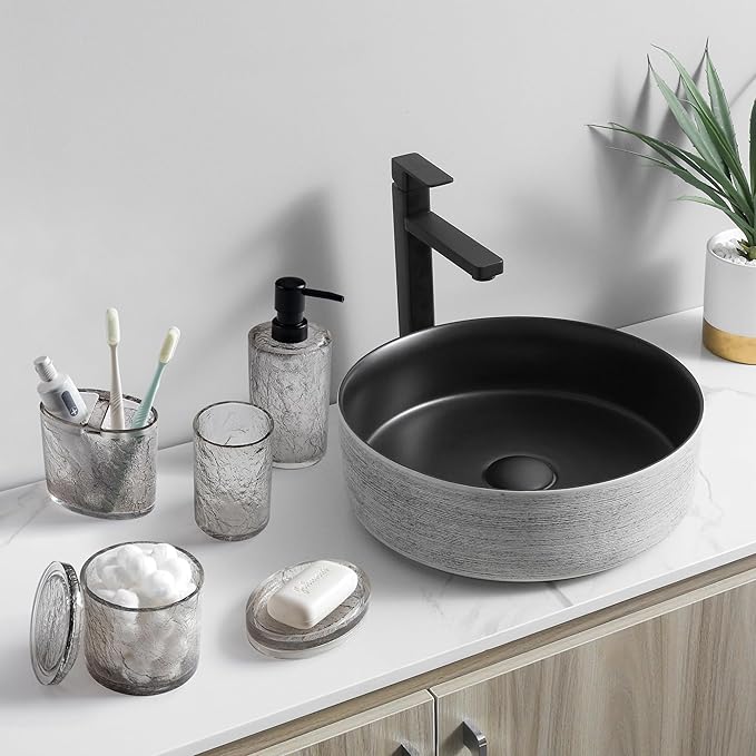 Modern Luxe Bathroom Accessories Set 5 Pcs Resin Bathroom Accessory Set Soap Dispenser Toothbrush Holder Tumbler Soap Dish Cotton Swab Jar Easy to Clean Crackle Pattern Translucent Black