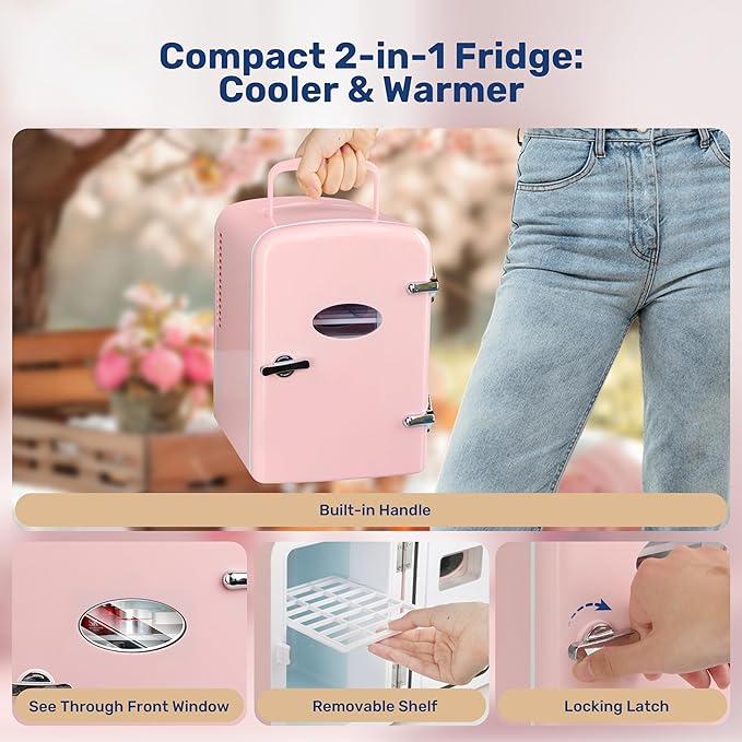 Simple Deluxe 4L/6 Can Portable Mini Fridge with Observation Window, Compact Cooler & Warmer Freon-Free Small Refrigerator, for Skincare, Beverage, Food, Cosmetics, Pink