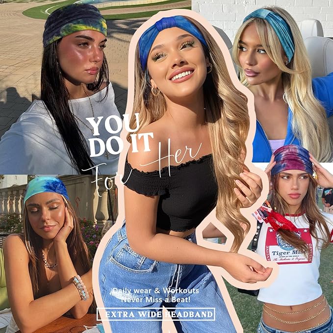 Wide Headbands for Women Knotted No Slip Head Bands Soft Turban Headband Hair Accessories Boho African Solid Color Head Wraps for Women Yoga Workout Pack of 6