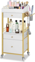 Makeup Organizer Cart with Adjustable Dividers, 3-Drawer Cosmetic Storage Cart with Lockable Wheels & Detachable Hair Tool Holder, Mobile Vanity Organizer for Small Spaces, Gold & White