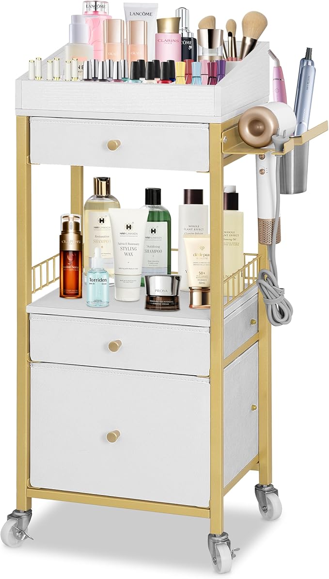 Makeup Organizer Cart with Adjustable Dividers, 3-Drawer Cosmetic Storage Cart with Lockable Wheels & Detachable Hair Tool Holder, Mobile Vanity Organizer for Small Spaces, Gold & White