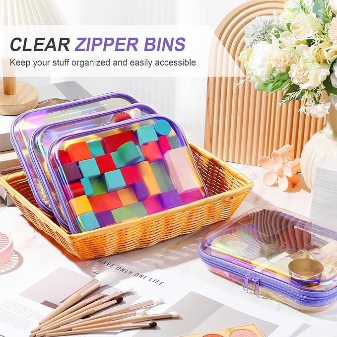 Hoolerry 4 Pcs Hard Clear Zipper Case Makeup Bags Plastic Zipper Pouch Transparent Storage Box Containers for Cosmetics, Snacks, Building Blocks, Puzzles(Clear,9.8 x 7.9 x 2 in,Purple Laser)