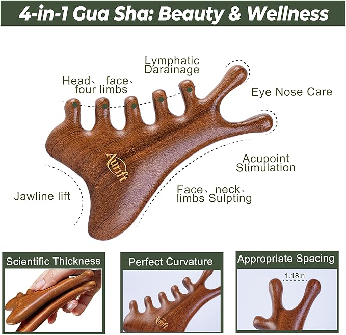 Wooden Gua Sha Tool Set – Facial & Scalp Manual Guasha Massage Tool for Tension Relief, Lymphatic Drainage Scraping Board with Portable Mini Wooden Comb, Self Care Gift-Ready Box