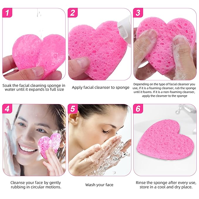 Women 120-Count Compressed Cellulose Heart Shape Face Facial Sponges 100% Natural Cosmetic Sponges for Facial Cleansing Exfoliating Mask Skin Massage (（Pink） 120 Count)