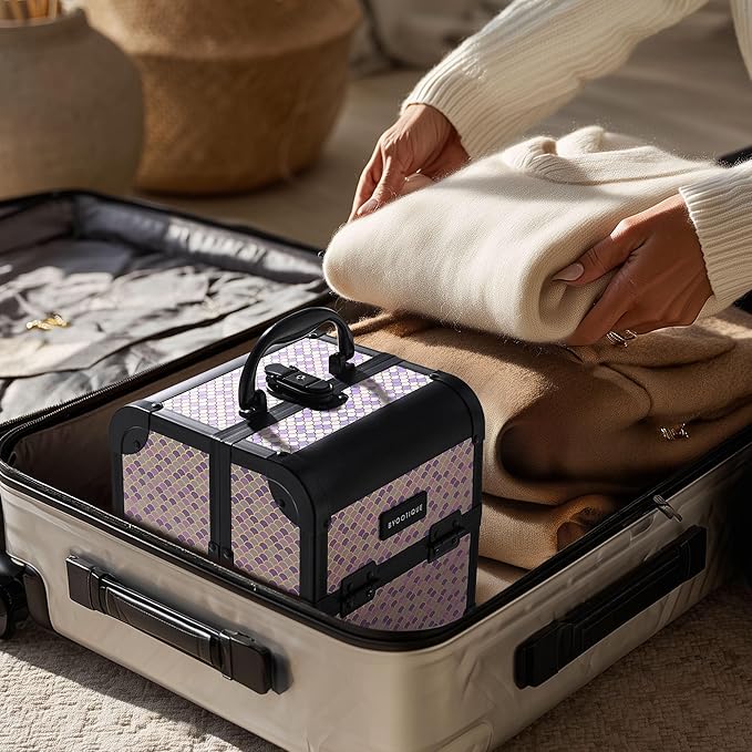 BYOOTIQUE Rolling Makeup Train Case on Wheels 3-Piece Hairdressing Brush Bags Cosmetology Art Deco Tyrian