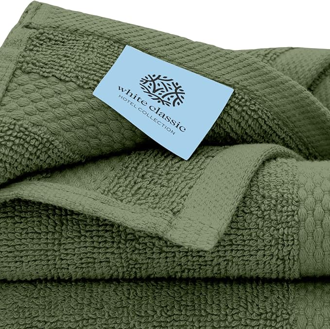 White Classic Luxury Cotton Washcloths 13x13 Inch - 650 GSM Turkish Cotton | Hotel, Spa, Bathroom Face Towel | 12 Pack, Forest Green