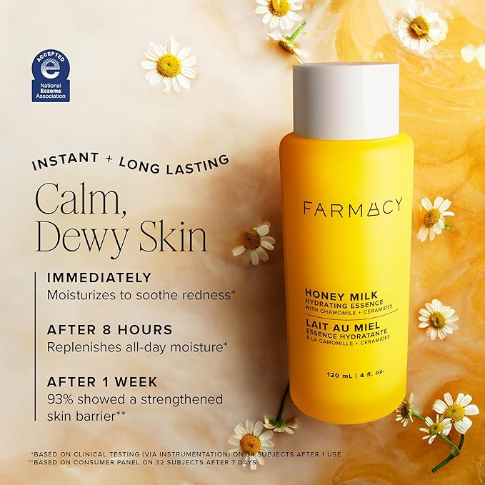 Farmacy Honey Milk Face Essence - Hydrating Milky Toner with Honey, Ceramides + Chamomile - Helps Strengthen Skin Barrier + Replenish Moisture - Soothing + Calming Skincare (10ml)