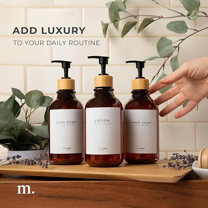 MaisoNovo Refillable Shampoo and Conditioner Bottles - 16.9 fl oz Set of 3 Amber Plastic Bottles Black Bamboo Pumps