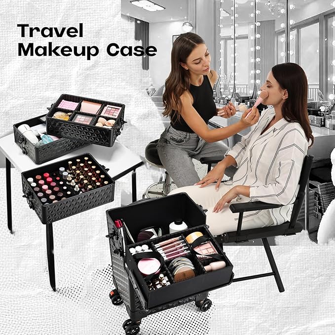 5 in 1 Makeup Train Case, Cosmetology Case on Wheels Travel Make up Case Rolling Nail Cart Makeup Organizer Cosmetic Storage Box Cases Extra Large Trolley Truck with 360° Swivel Wheels, Black