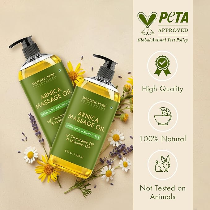MAJESTIC PURE Arnica Sore Muscle Massage Oil for Massage Therapy-Refreshing & Relaxing-Natural Oils Lavender & Chamomile Essential Oils-All Skin Types- Men & Women Massage Lotion- 8 fl oz (Pack of 2)