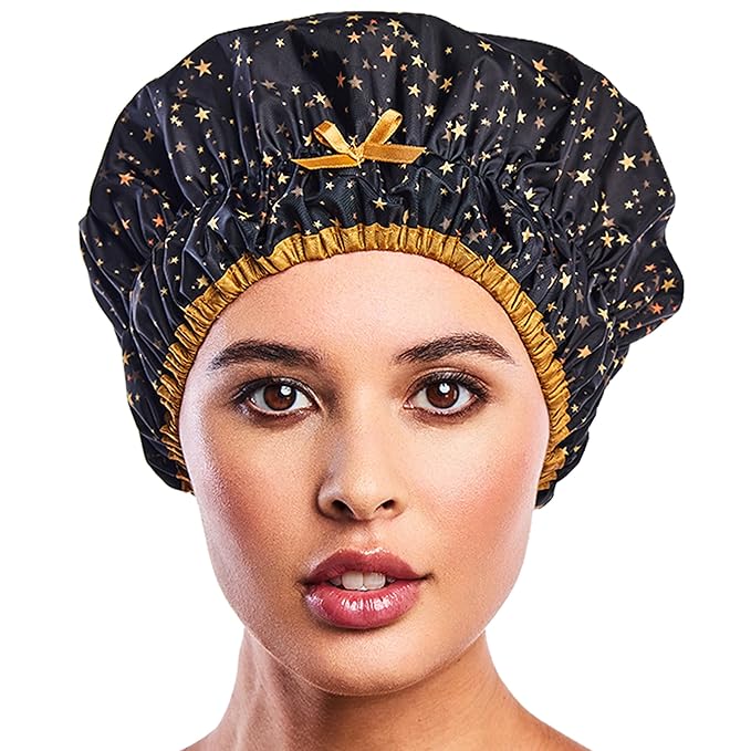 Reusable Shower & Bath Cap & Lined, Oversized Waterproof Shower Caps Large Designed for all Hair Lengths with PEVA Lining & Elastic Band Stretch Hem Hair Hat - Fashionista Starry Nights