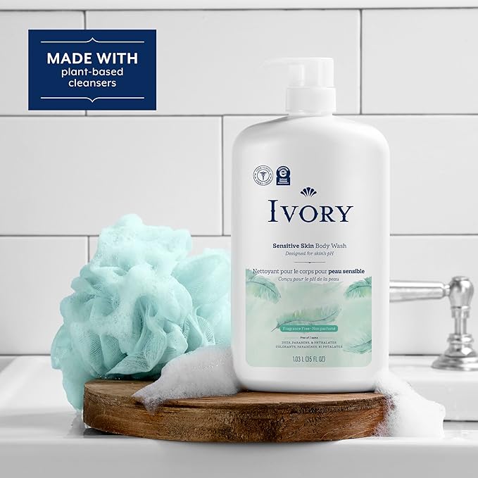 Ivory Body Wash, Designed for the Whole Family, Gentle Formula, Free of Dyes Heavy Perfumes Parabens Phthalates & Silicones, Designed for Skin's pH, Fragnance-Free, 35 oz