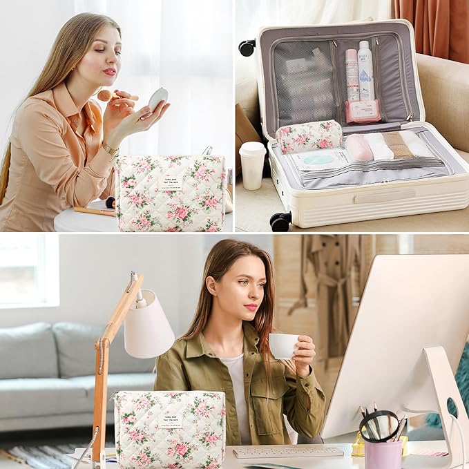2Pcs Quilted Cotton Makeup Bag Large Travel Makeup Pouch Small Brush Holder Set for Women Floral Coquette Makeup Bag Cute Aesthetic Cosmetic Bag Blue Toiletry Organizer Storage Bag Big Zipper Pouch