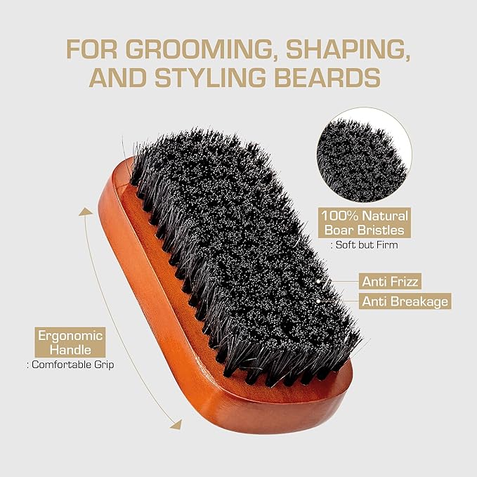 Red by Kiss Beard Brush with 100% Natural Boar Bristles for Men, Premium Wooden Brush, Beards Mustaches Grooming Shaving Comb, Tame and Soften Facial Hair (Military)