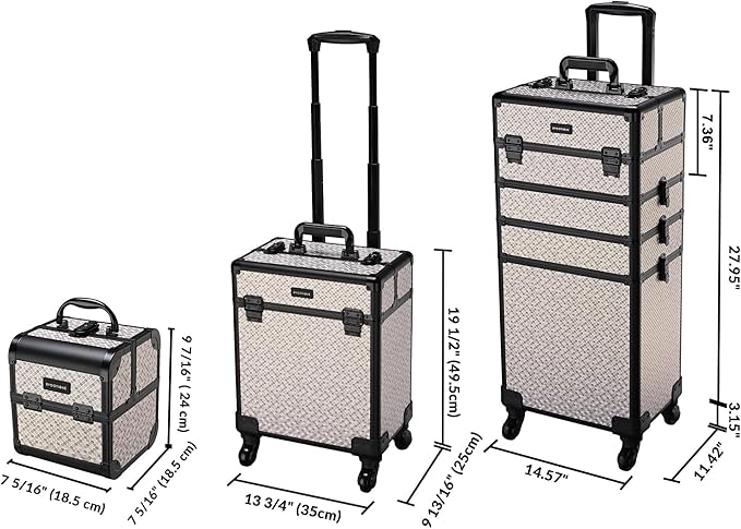 BYOOTIQUE Rolling Makeup Train Case on Wheels 3-Piece Hairdressing Brush Bags Cosmetology Art Deco Graphite