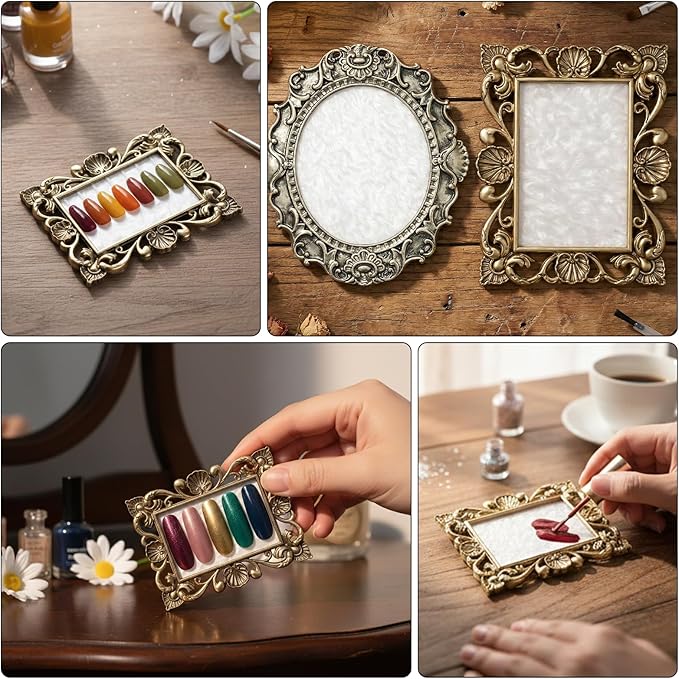 Nail Art Palette with Golden Edge, 2 PCS Nail Polish Palette with Retro Border Cosmetic Mixing Tools, Nails Holder Display Board Nail-Pallet for Nail-Art DIY Nails Gel Makeup Color Mixing