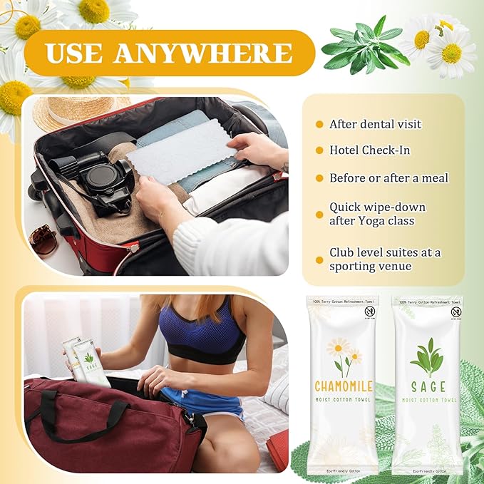 Timgle 50 Pcs Moist Towelettes Individually Wrapped Scented Disposable Face Towels Essential Oil Infused Moist Terry Cotton Towel for Use Hot or Cold Travel Body Spa(Sage, Chamomile)