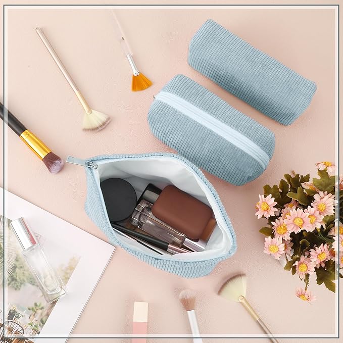 3 Pcs Makeup Bag Set for Women Corduroy Cosmetic Pouch Aesthetic Smile Travel Toiletry Bag Cute Purse Pouch Pencil Case Makeup Brushes Storage Organizer with Zipper(Blue,Solid Style)
