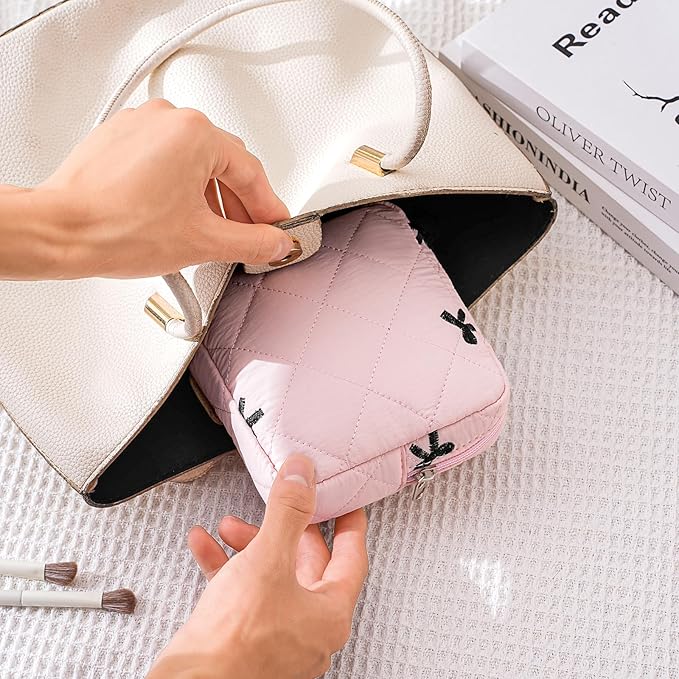 Small Quilted Cosmetic Pouch for Purse, Mini Cotton Makeup Bag with Compartments, Cute Zipper Lipstick Holder for Women (04Pink Black Bow)