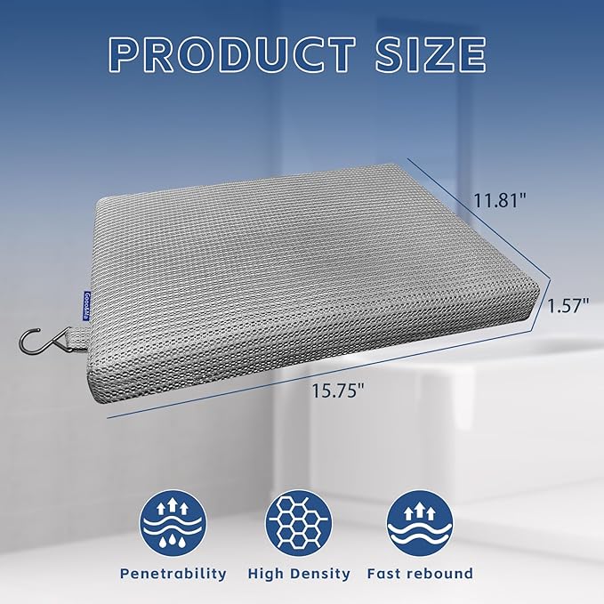 Gooo&Ma Non-Slip Waterproof Shower Seat Cushion Bathtub Pillow Shower Chair Bench Bathtub Cushion - with 3D Mesh & Hook - Bath Pillow，for Elderly，Pregnancy - Washable and Quick Drying(Gray)
