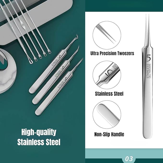 Usiveinborn Blackhead Remover Upgraded, Usiveinborn Blackhead Tweezers, Professional Upgraded Facial Blackhead Remover Tweezers, Blackhead Remover Tools Sets (A2-Green-8pcs)