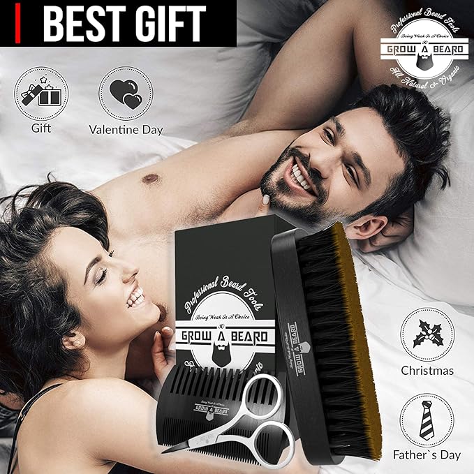 Beard Brush for Men with Beard & Mustache Comb Set, Beard Grooming & Care Kit, Natural Boar Bristle Brush, Dual Action Wood Comb, Stainless Steel Scissors, and Travel Bag, Great Fathers Day, Dad Gifts