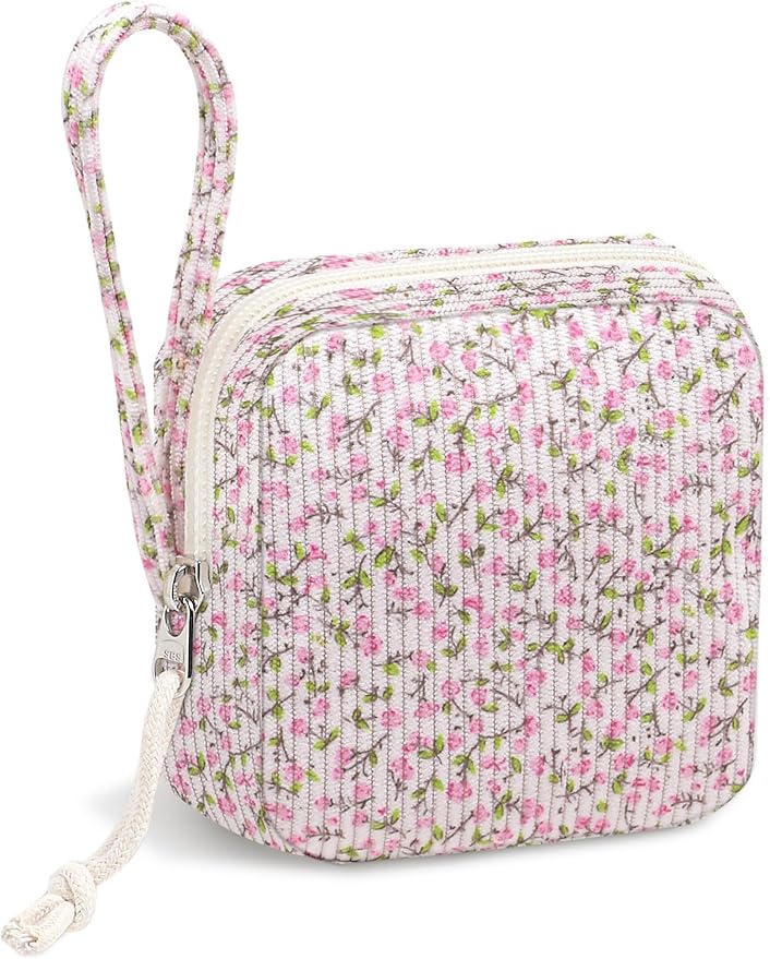 Small Makeup Bag | Discreet Period Bag Pad Pouch for Purse| Sanitary Napkin Storage & Tampon Holder for Travel(Flower pink)