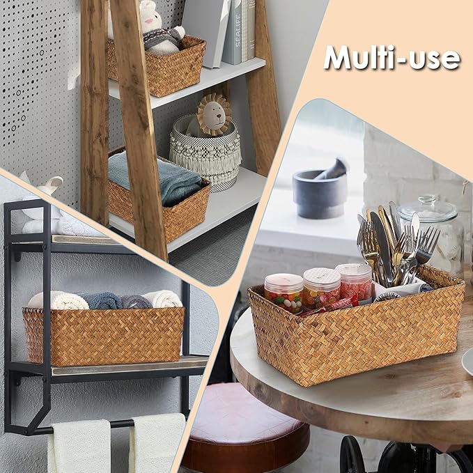 Set of 2 Wicker Storage Baskets for Shelves, Simple Organizing Basket for Home Shelf Baskets Woven Wicker Organizer Bins Shelf Baskets for Organizing Wardrobe Desktop Home Decor, Caramel