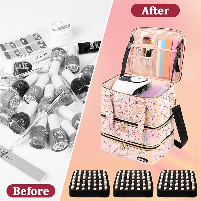 Nail Polish Organizer Bag Holds 126 Bottles (15ml/0.5fl.oz)& Nail Lamp, 3 Layers Detachable Nail Kit Storage Case PU Leather, Large Travel Nail Supplies Shoulder Bag for Manicure Tools (Pink)