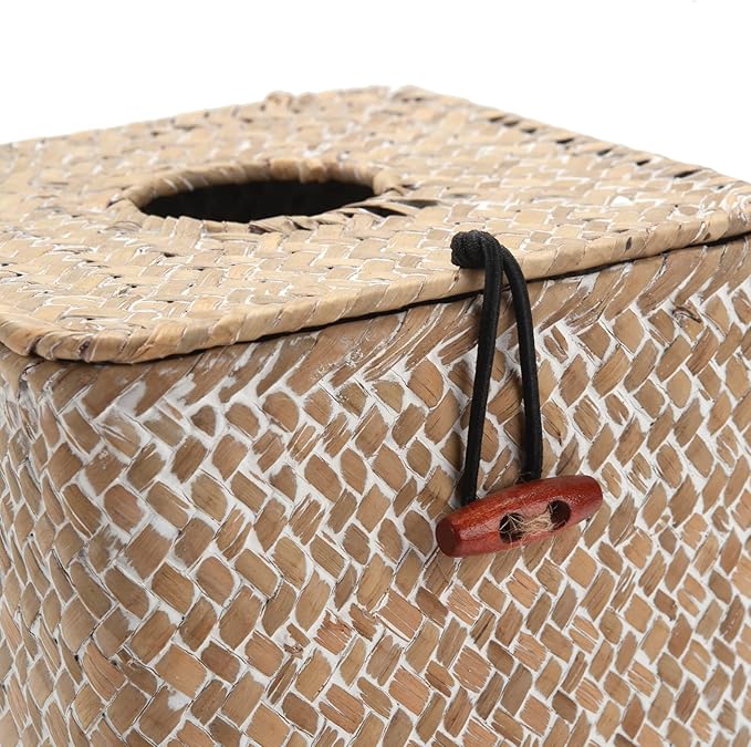 Tissue Box Cover Square, Seagrass Tissue Box Holder, Woven Facial Tissue Holder, Rattan Wicker Tissue Box, Decorative Tissue Cover for Dinner Table, Living Room, Bathroom, Bedroom, Office (Whitewash)