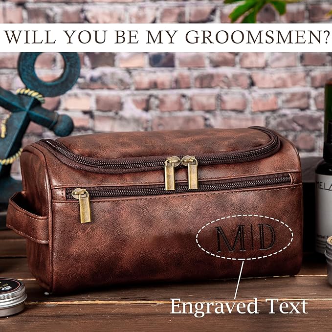 Flycalf Personalized Travel Toiletry Bag for Men Groomsmen Gift Leather Water Resistant Bathroom Shaving Bag Hanging Organizer