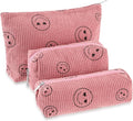 3 Pcs Makeup Bag Set for Women Corduroy Cosmetic Pouch Aesthetic Smile Travel Toiletry Bag Cute Purse Pouch Pencil Case Makeup Brushes Storage Organizer with Zipper(Pink,Smile Face)