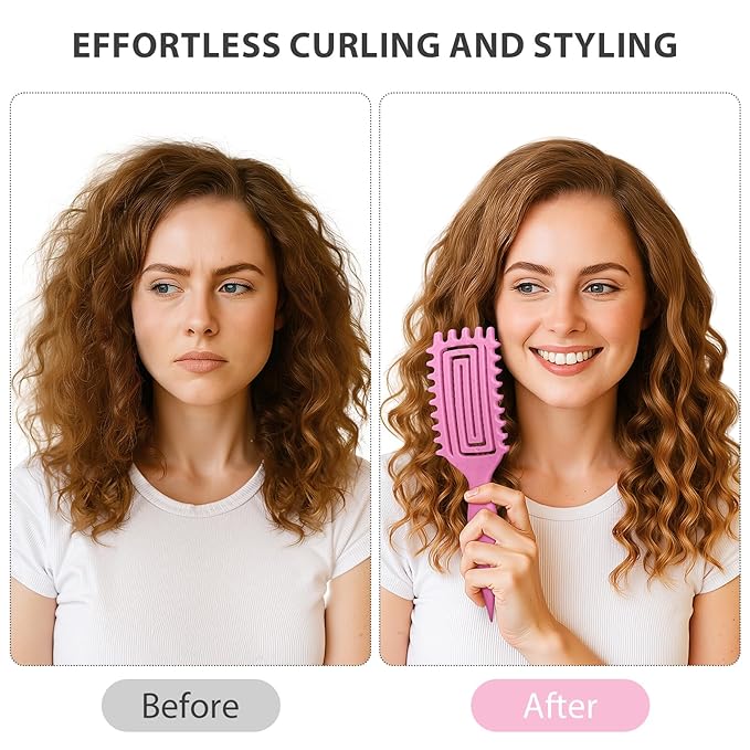 Curly Hair Brush, Curl Defining Brush for Women and Men, Effortless Detangling and Shaping for Curls, Waves and Coils, Reduces Pulling, Smooth Results (Pink)