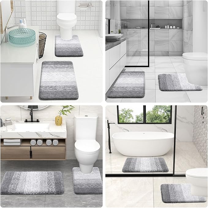 OLANLY Bathroom Rugs Sets 3 Piece, Soft Absorbent Microfiber Bath Mats and U-Shaped Contour Toilet Rug, Plush Shaggy Bath Mat Set for Bathroom (36"x24"+24"x16"+24"x20", Light Grey)