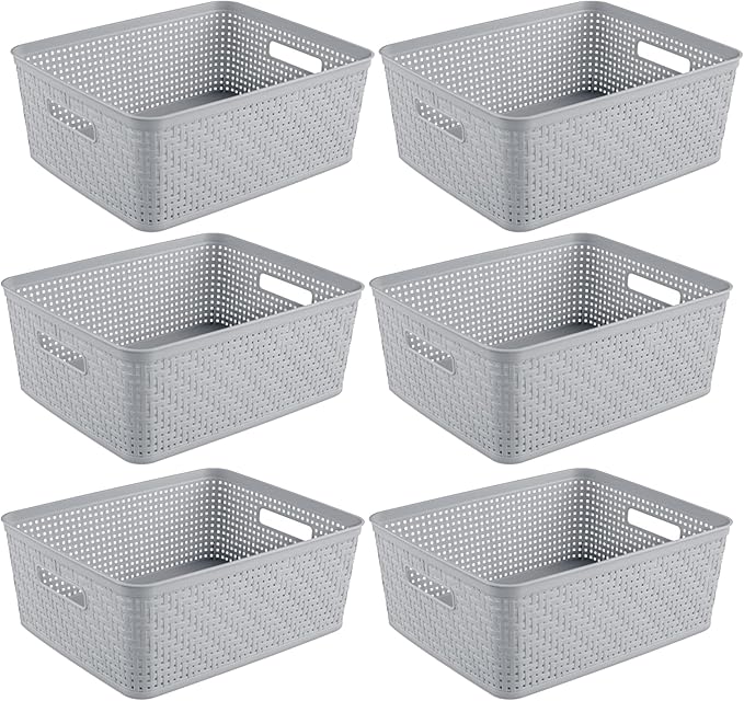 Sterilite 6-Pack Short Basket, Woven Plastic Storage Baskets for Organization, Cement - Organizing Bin Containers with Handles for Bedroom, Bathroom, Dorm, and Closet
